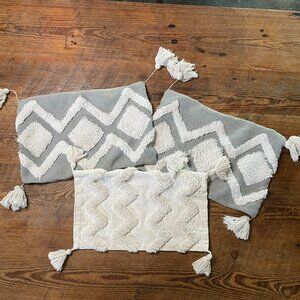 Boho Farmhouse Pillow Covers Lot of 3 Cotton 18x12 Gray Cream Tassel Lumbar